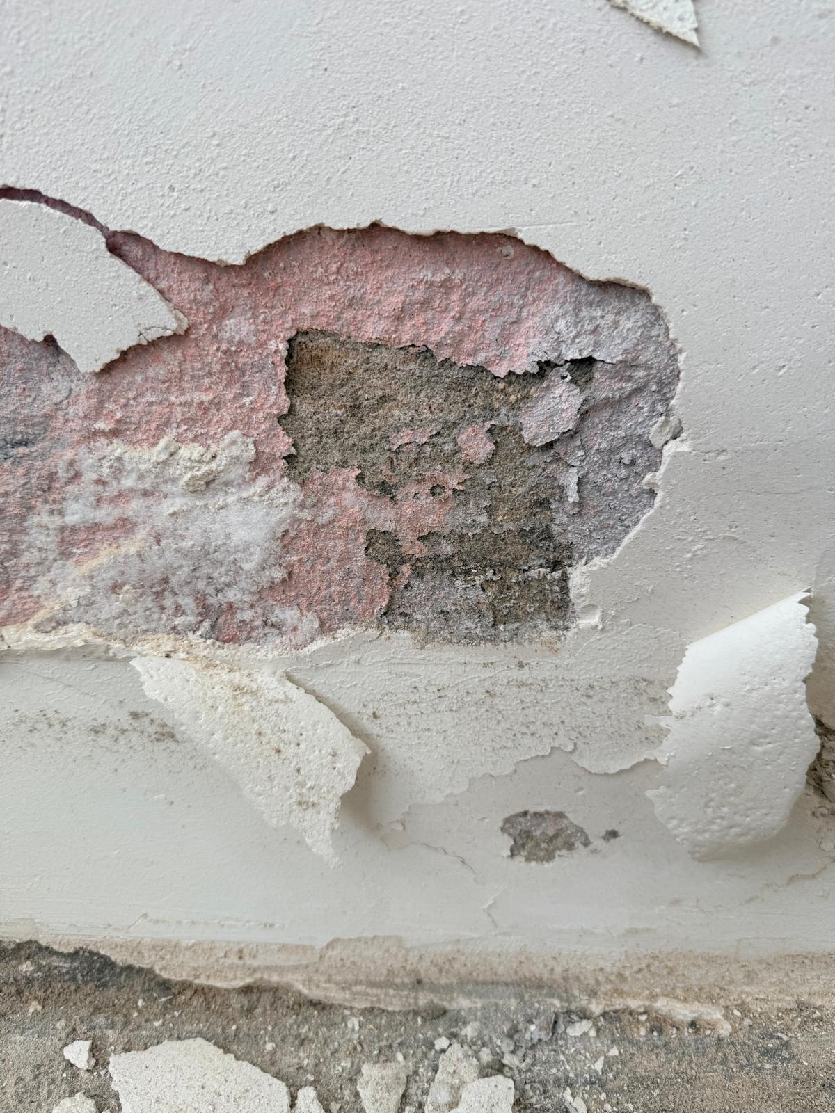 Vochtige muur met bladderende verf, zoutuitslag en beschadigd pleisterwerk