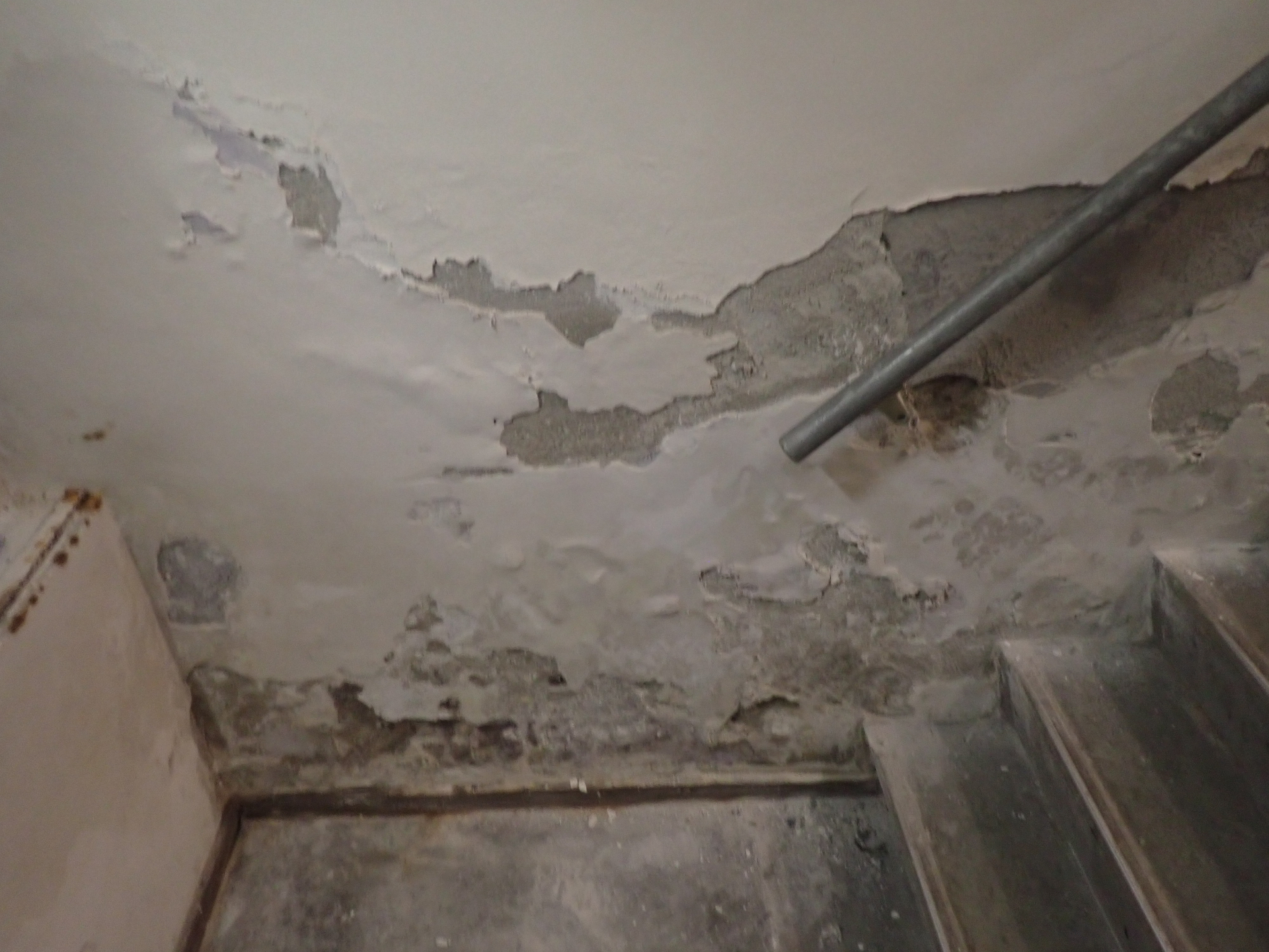 Overzicht van een kelder met vochtschade rond plafond, leidingwerk en trap